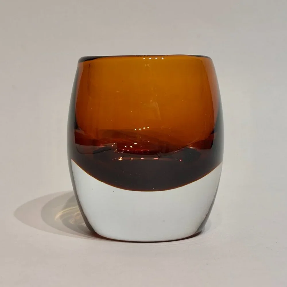 Set of 2 Crate and Barrel Topaz Amber Glass Diva Votive Candle Holders 3.5”